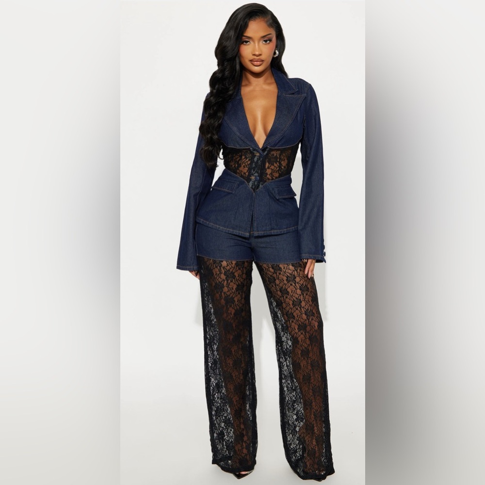 Stylish Denim Blazer and Lace Pant Set